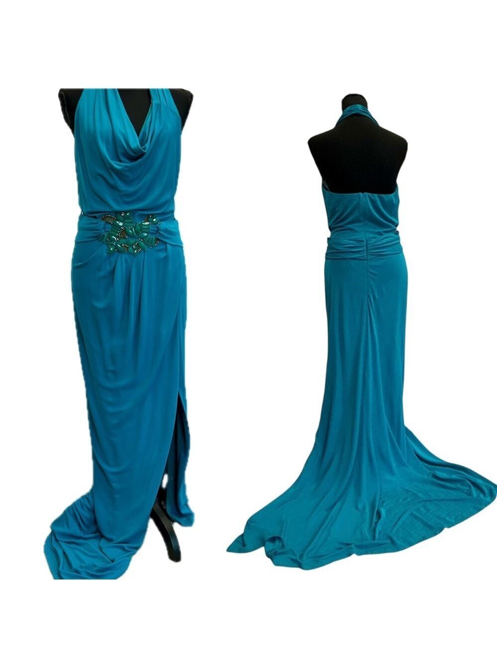 Badgley Mischka teal blue draped cowl halter neck open back maxi dress gem jewel
